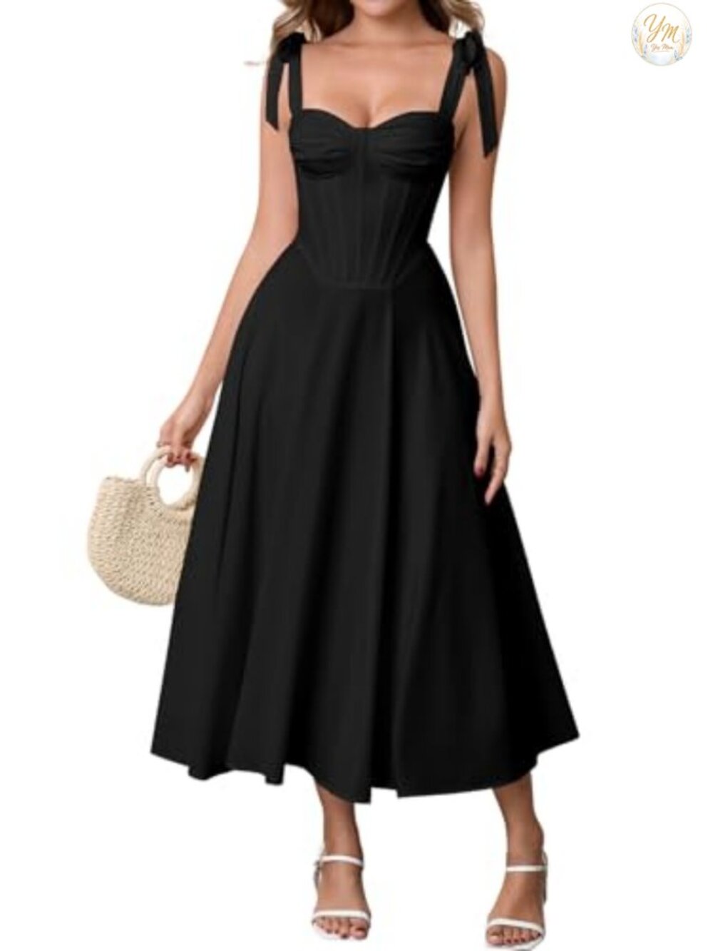 Corset Midi Dress Sweetheart Bow Straps A-Line Summer Party